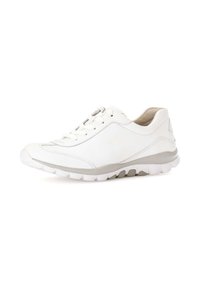 White leather sneaker with gray accents, lace-up design, rounded toe, textured sole, and minimal stitching details.