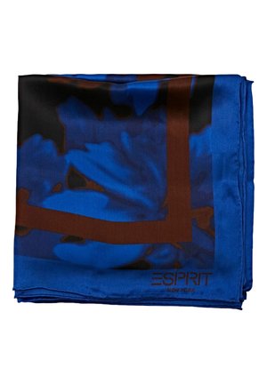 Foulard en soie bleu et noir à motif floral avec bordure géométrique marron, plié, avec le logo « ESPRIT New York » dans un coin.