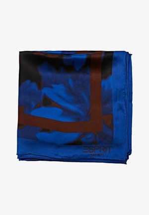 Pañuelo de seda azul y negro con flores y borde geométrico marrón, doblado, con el logo "ESPRIT New York" en la esquina.