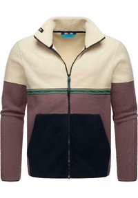 Chaqueta de forro polar con cremallera, con la parte superior en crema, el medio en burdeos y la parte inferior en azul marino. Presenta un patrón de rayas en el pecho y bolsillos frontales.