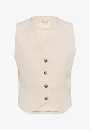 Krämfärgad ärmlös väst, lätt vävt tyg, snedskuren krage, fem metallknappar, två framfickor, slätt innerfoder.