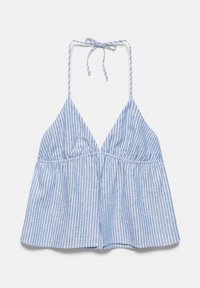 Haut dos-nu rayé verticalement bleu et blanc avec un décolleté en V profond et une fermeture à nouer au niveau du cou.