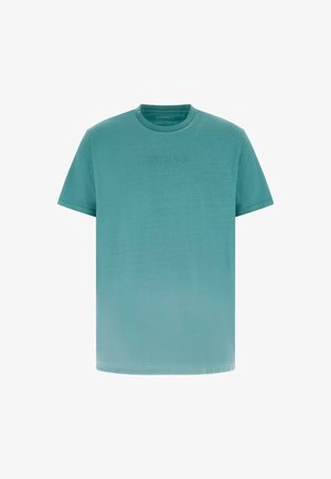 Meriinovärvi lühikeste varrukatega ümarseljaga T-särk, rinnal õrnalt reljeefse "GUESS" logoga, lihtsa disainiga, tavapärase sobivusega.