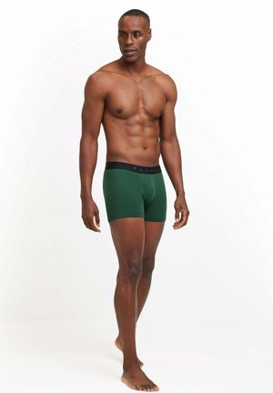 Dark green boxer briefs with a black waistband featuring the brand name "FALKE." The model has a fit physique and is barefoot.