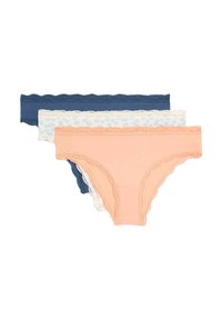 Trois paires de sous-vêtements féminins : marine, pêche et bleu clair avec des motifs floraux. Tissu doux avec des bordures en dentelle festonnée.