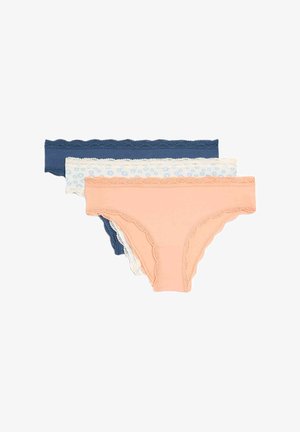 Tre par kvinnors underkläder: marinblå, persikofärgad och ljusblå med blommönster. Mjuk tyg med scalloped spetskant.
