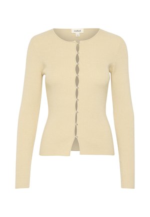 Ribbed knit cardigan in light beige with long sleeves, featuring a round neckline and decorative buttons down the front. Smooth texture.