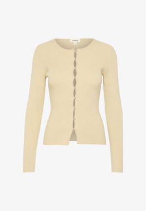 Csíkozott kötött kardigán világos bézs színben, hosszú ujjakkal, kerek nyakkivágással és díszgombokkal elöl. Sima textúra.