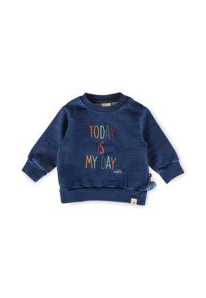 Marineblaue Baby-Sweatshirt mit langen Ärmeln und farbigem, besticktem Text "Today is my day" auf der Vorderseite sowie Druckknöpfen an der Schulter.