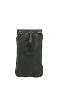 Green leather bag with a soft texture, rectangular shape, two top zippers, and a front patch. Features bronze hardware accents.