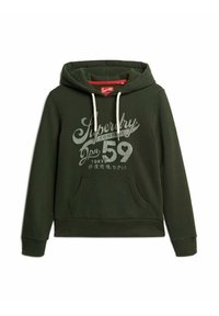 Mörkgrön hoodie i bomullsblandning, med en framficka, vita dragsnören och tryckt logotext i ljusgrått.