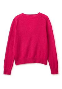 Maglione rosa acceso a maniche lunghe con scollo rotondo, polsini e bordo inferiore a coste, mostrato di spalle su sfondo bianco.