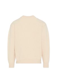 Licht beige trui met een ronde halslijn, lange mouwen en geribde onderrand en manchetten, gemaakt van zacht brei materiaal.