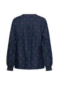 Blouse à manches longues bleu foncé avec petit motif floral marron, poignets élastiques et coupe ample, vue de dos sur fond blanc.