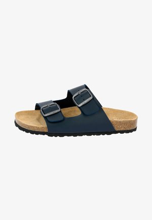 Navy blue slide sandal featuring two adjustable silver buckles, cork footbed, and textured rubber sole. Material has a smooth finish.