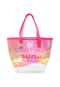 Borsa tote trasparente con accenti rosa, caratterizzata da un charm colorato a forma di gelato, con "sole" e "BILLIEBLUSH" stampati in lettere grasse rosa.
