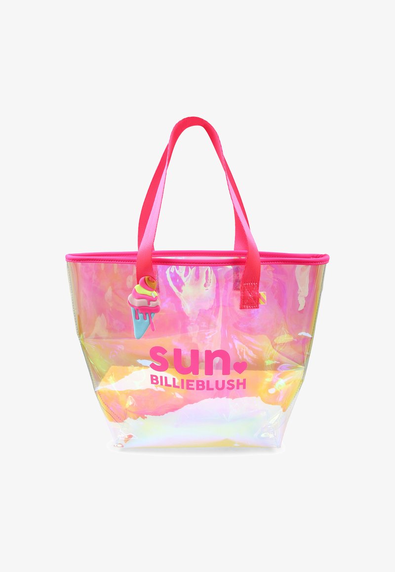 Borsa tote trasparente con accenti rosa, caratterizzata da un charm colorato a forma di gelato, con "sole" e "BILLIEBLUSH" stampati in lettere grasse rosa.