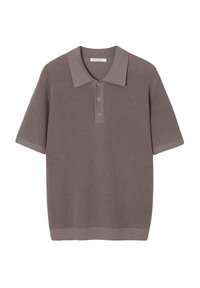 Rövid ujjú polo póló texturált, taupe kötésű anyagból, bordázott mintázattal, három gombos nyereggel és klasszikus gallérral.