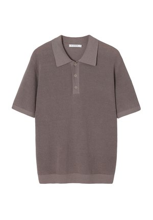Polo majica kratkih rukava od teksturiranog, taupe pletera s rebrastim uzorkom, s tri gumba i klasičnim ovratnikom.