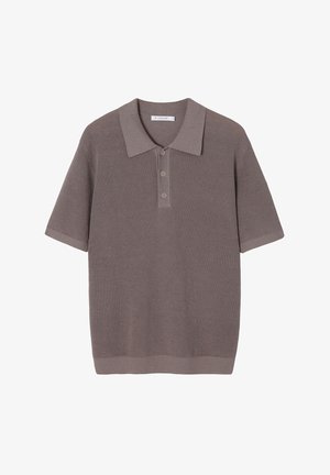 Polo majica s kratkimi rokavi v teksturiranem, taupe pletenju z rebrastim vzorcem, trojnim gumbom na sprednji strani in klasičnim ovratnikom.