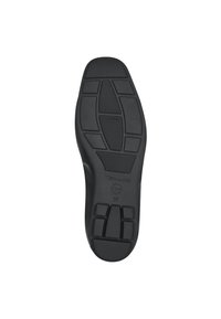 Suola di scarpa in gomma nera con un motivo testurizzato, caratterizzata da un design sagomato e scanalature per la trazione. Marcata con "Tamaris" e taglia 37.