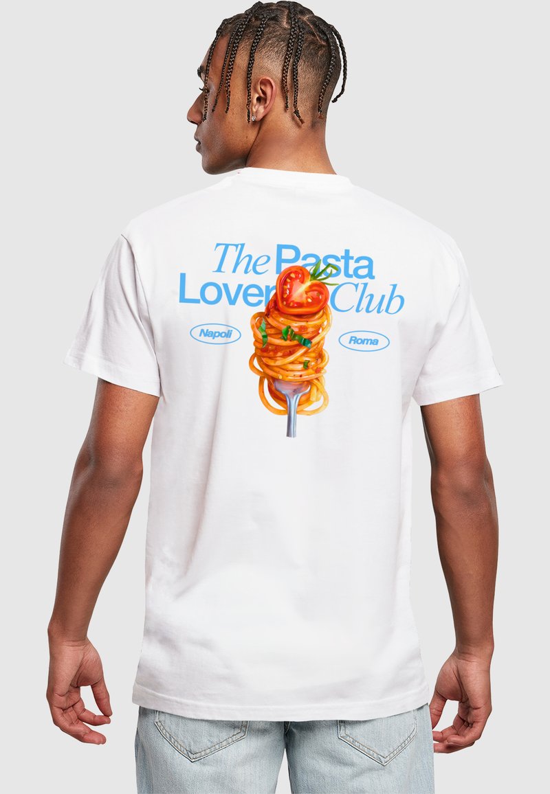White cotton t-shirt featuring a graphic of spaghetti on a fork, with red peppers and green herbs. Text reads "The Pasta Lover Club" in blue.
