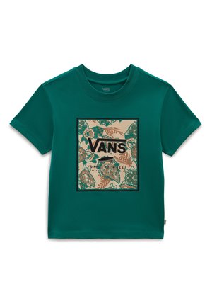 Zielona koszulka z krótkim rękawem z beżową kwadratową grafiką kwiatową i czarnym logo "VANS Off The Wall" na środku przodu.