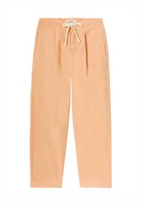 Pantalons en coton léger de couleur pêche avec une taille élastique, un cordon de serrage et des poches latérales, présentant une coupe décontractée.