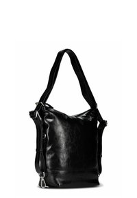 Sac à épaule en cuir noir à la forme souple, avec une sangle torsadée et des accents en métal argenté. Présente une texture lisse avec un léger froissement.