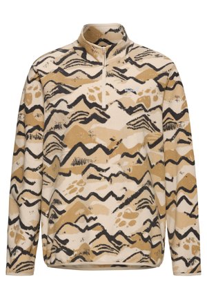 Polaire beige avec motifs abstraits de montagnes en noir et marron, col demi-fermeture éclair, manches longues, et petit logo sur le devant.