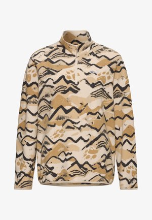 Beige fleece pullover met zwart en bruin abstract bergpatroon, halve ritssluiting bij de kraag, lange mouwen en een klein logo aan de voorkant.