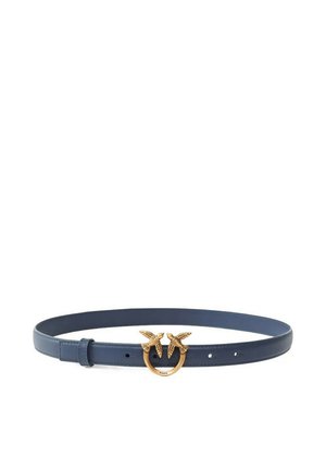 Cintura in pelle blu navy con fibbia dorata raffigurante due uccelli che si guardano e il nome del marchio "PINKO" inciso.
