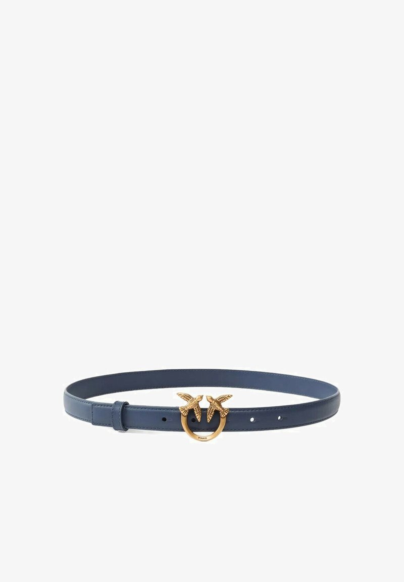 Cintura in pelle blu navy con fibbia dorata raffigurante due uccelli che si guardano e il nome del marchio "PINKO" inciso.