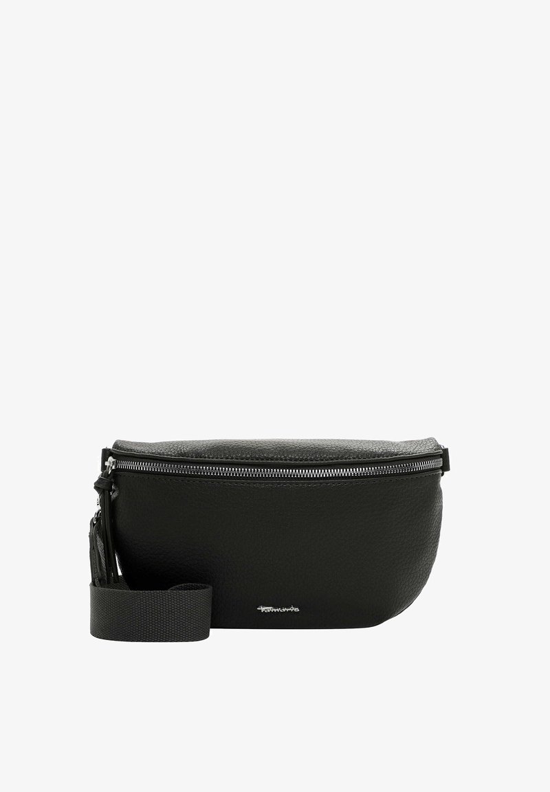 Juodas odinis fanny pack'as su tekstūriniu paviršiumi, užtrauktuku uždaroma viršutinė dalis ir reguliuojamas audeklo diržas. Priekyje yra diskretiškas logotipas.
