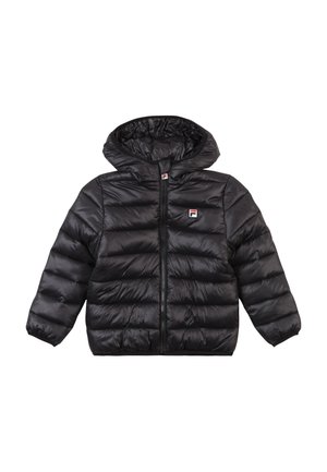 Svart pufferjacka med huva, med horisontell quiltad textur, dragkedjestängning fram och en liten logotyp på vänster bröst.