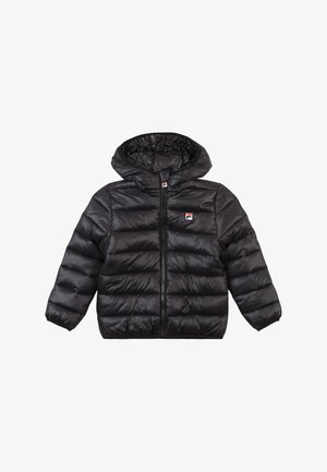 Czarna kurtka puchowa z kapturem, posiadająca poziome pikowanie, zamek błyskawiczny z przodu oraz małe logo na lewej piersi.