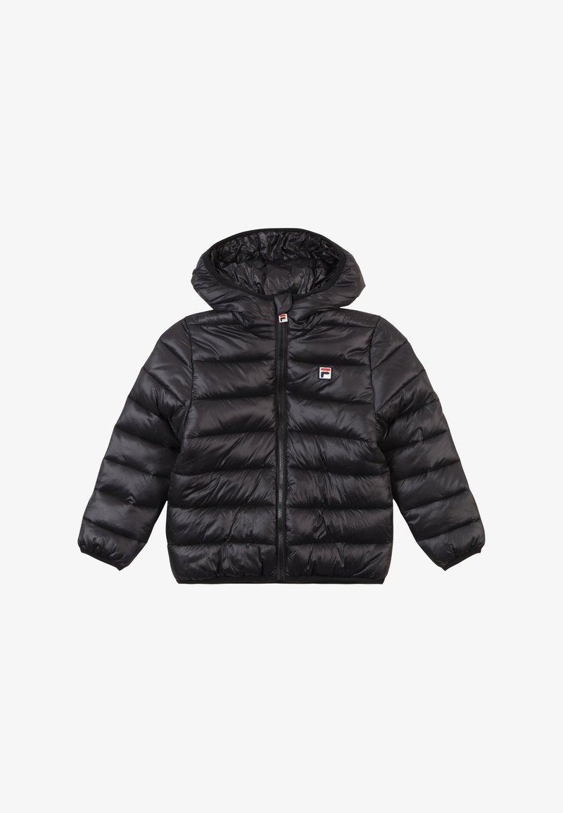 Czarna kurtka puchowa z kapturem, posiadająca poziome pikowanie, zamek błyskawiczny z przodu oraz małe logo na lewej piersi.