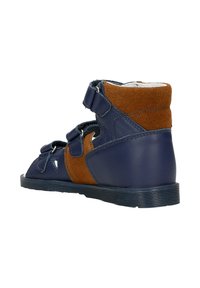 Námořnické modré a hnědé kožené kotníkové boty s suchým zipem, zaoblenou špičkou, texturovanými semišovými akcenty a gumovou podešví s rýhovaným vzorem.
