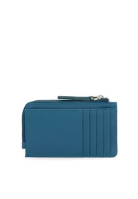 Teal leather wallet with a zip closure, featuring multiple card slots and textured surface. Compact rectangular shape and contrasting stitching.