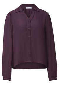 Blouse à manches longues boutonnée de couleur prune foncée avec un col classique et un tissu légèrement texturé, avec des poignets élastiques et un ourlet arrondi.