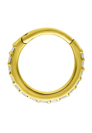 Goldener Creolen-Ohrring mit einer Reihe kleiner, gleichmäßig verteilter Diamanten entlang der Außenseite.