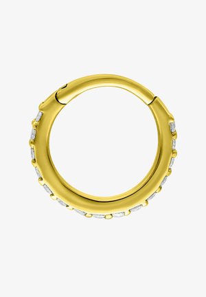 Gold hoop earring with a row of small, evenly spaced diamonds set along the outer edge.