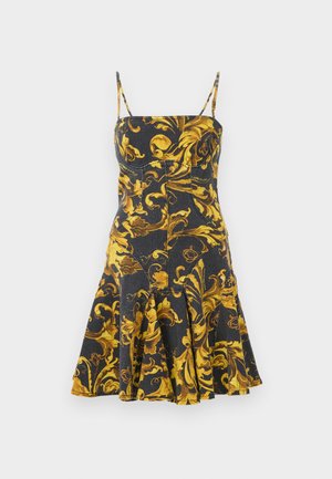 Črna obleka z rumenim cvetličnim vzorcem, prilegajočim korzetom in razširjenim krilom. Ima tanke nastavljive naramnice in teksturirano tkanino.