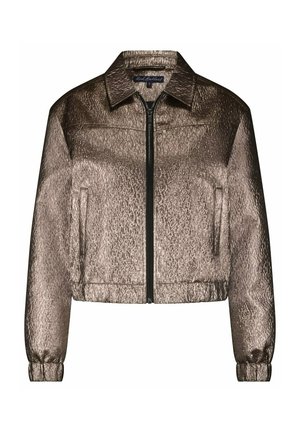 Metalen bronze cropped jack met een ritssluiting aan de voorkant, gestructureerde kraag, elastische manchetten en twee zijzakken, met een gestructureerd oppervlak.
