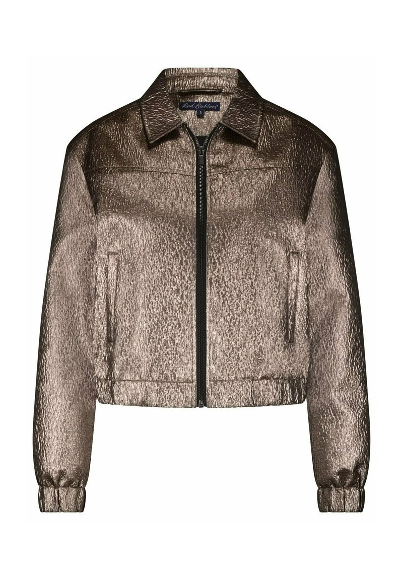 Metalen bronze cropped jack met een ritssluiting aan de voorkant, gestructureerde kraag, elastische manchetten en twee zijzakken, met een gestructureerd oppervlak.