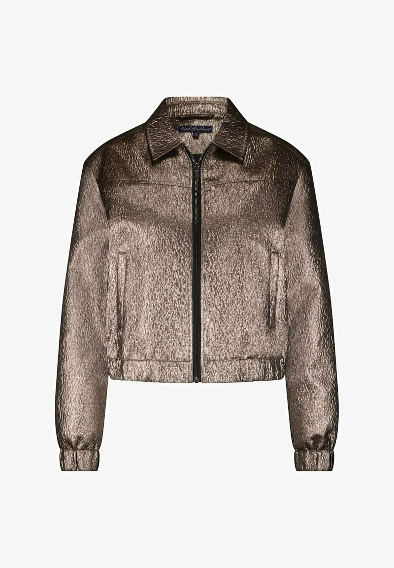 Metalen bronze cropped jack met een ritssluiting aan de voorkant, gestructureerde kraag, elastische manchetten en twee zijzakken, met een gestructureerd oppervlak.