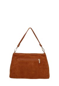 Bruine suède handtas met een gestructureerde vorm, een afneembare schouderriem en een ritsvak aan de voorkant. Soepele textuur en minimalistisch ontwerp.