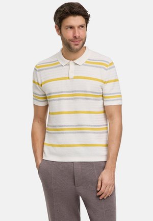 Kurzärmliges Poloshirt in Weiß mit horizontalen Streifen in Gelb, Grau und Blau. Verfügt über einen kragen mit Knöpfen und strukturiertem Stoff.