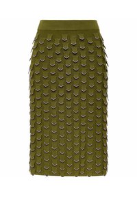 Jupe en maille vert olive présentant un design texturé avec des formes triangulaires en relief soulignées de violet. Taille élastique, silhouette ajustée.