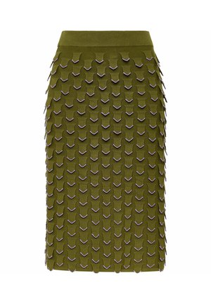 Olive green knit skirt featuring a textured design with raised, triangular shapes outlined in purple. Elastic waistband, fitted silhouette.